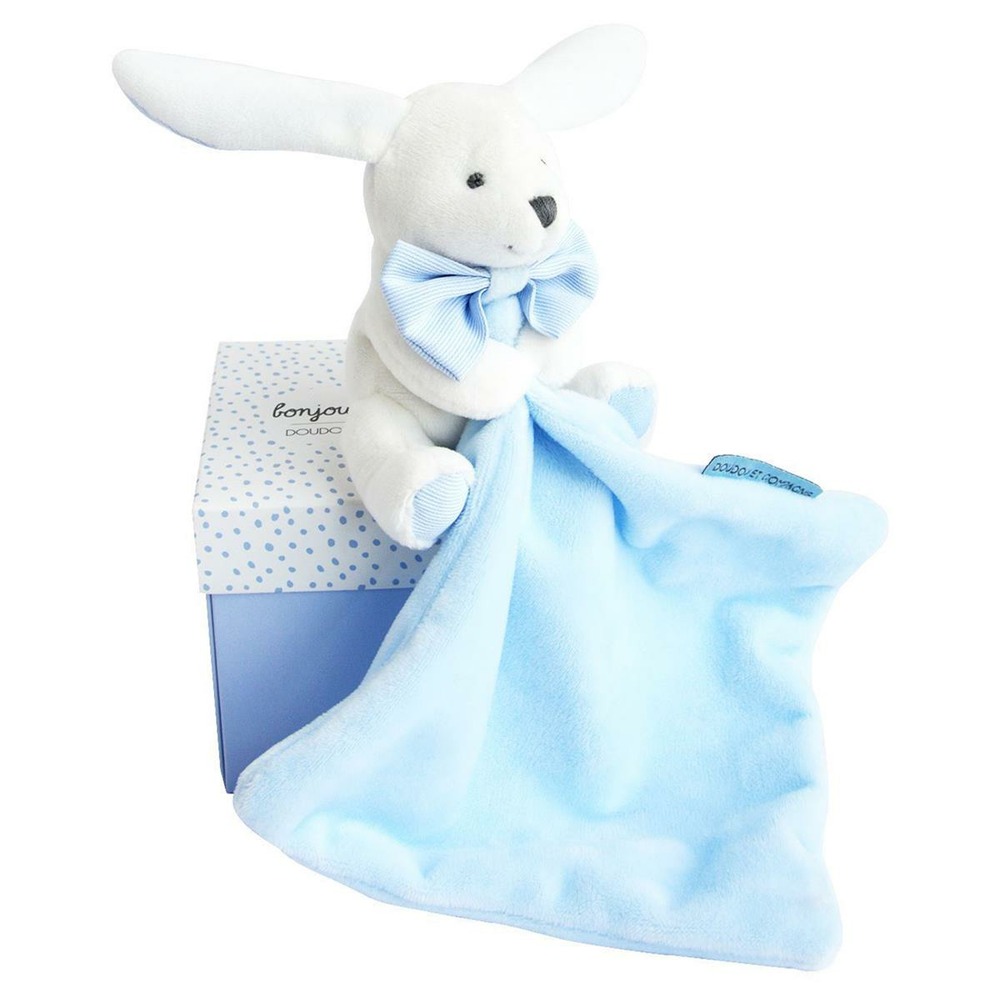 Doudou lapin mouchoir bleu boite fleur