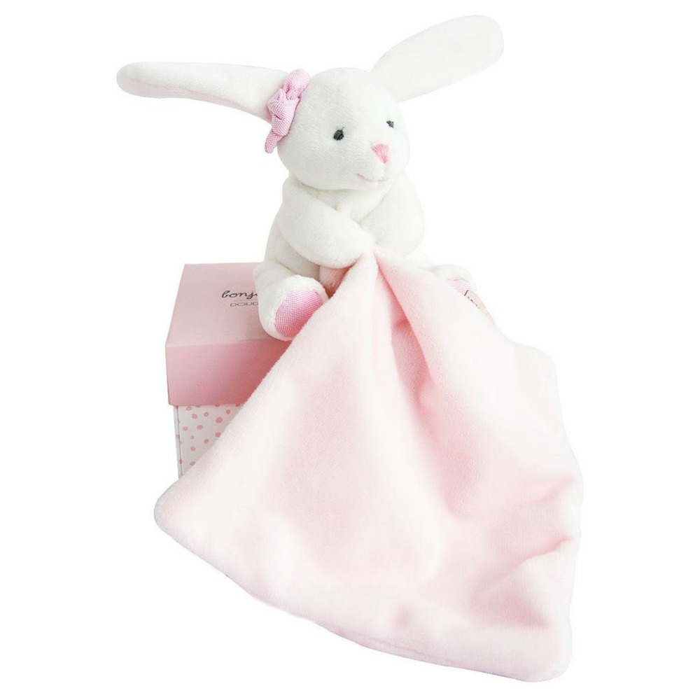 Doudou lapin mouchoir rose boite fleur
