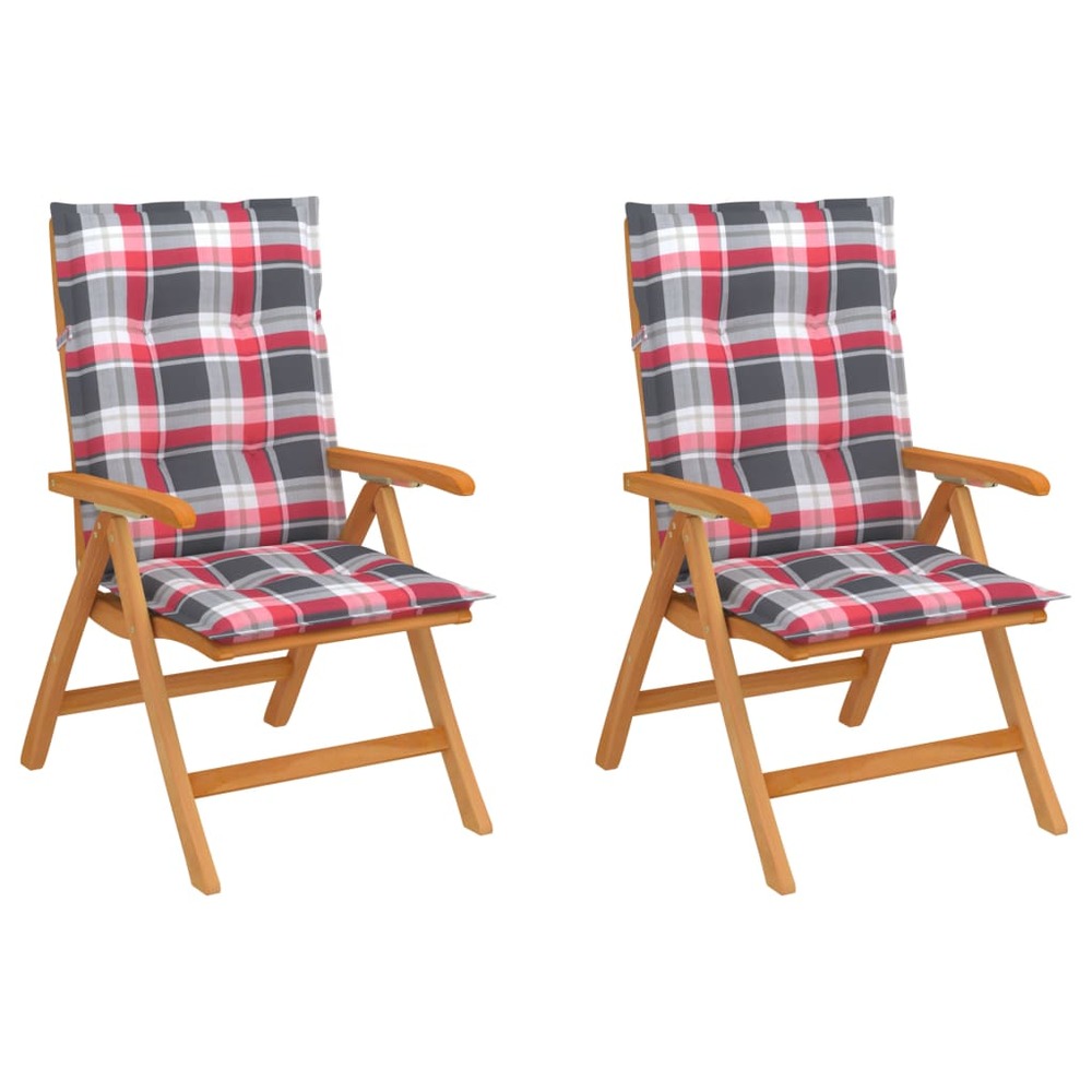 Chaises de jardin 2 pcs avec coussins à carreaux rouge teck