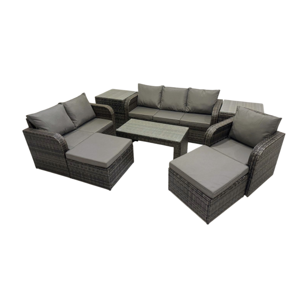 8 places dossier haut salon de jardin avec chaise inclinable table basse 2 tables d'appoint 2 grand tabourets