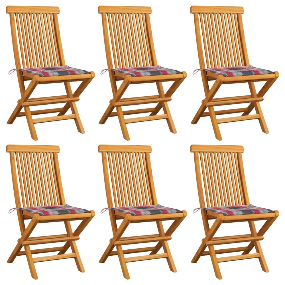 Chaises de jardin et coussins à carreaux rouge 6pcs teck massif
