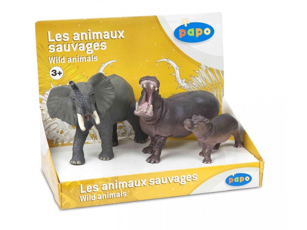 Figurine eléphant, hippopotame et son petit