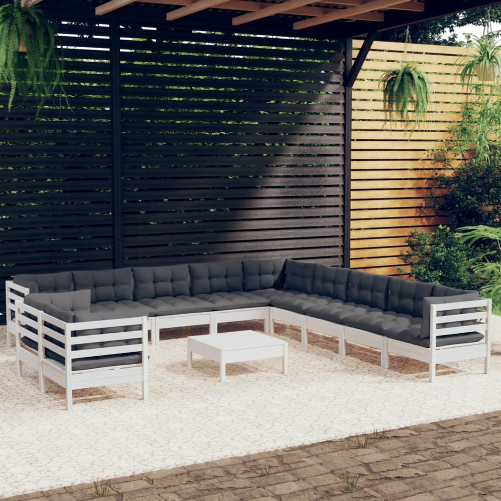 Salon de jardin 12 pcs avec coussins blanc bois de pin solide