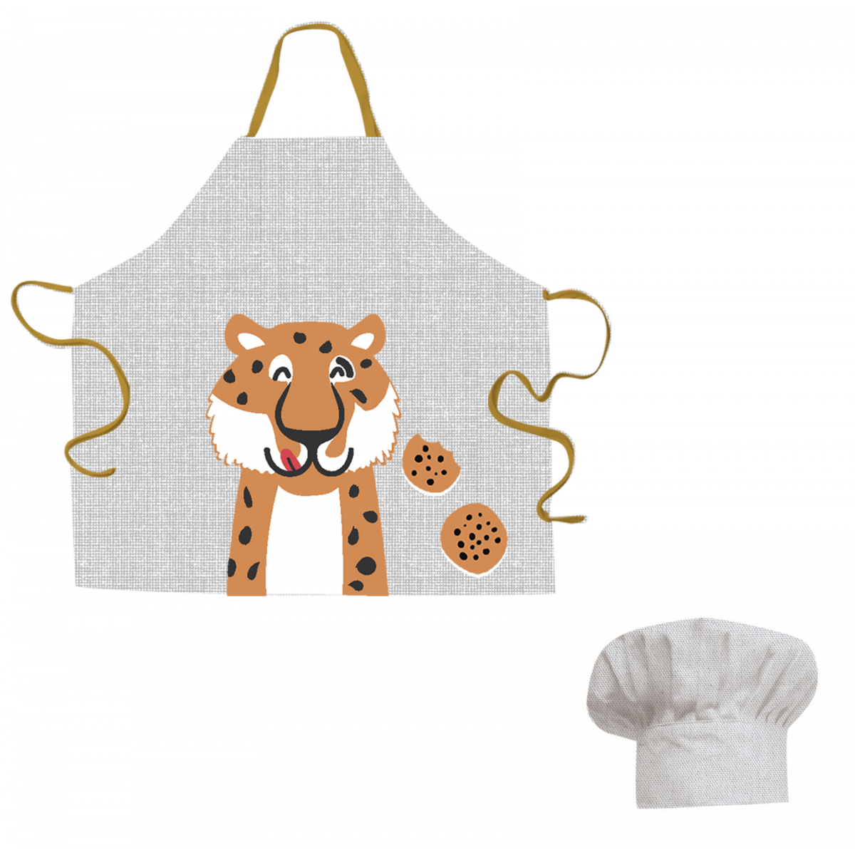 Lot tablier de cuisine coton gris 55x55cm + toque avec motif tigre kids