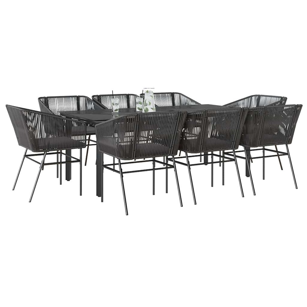 Ensemble à manger de jardin coussins 9pcs noir poly rotin verre