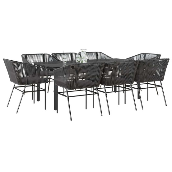 Ensemble à manger de jardin coussins 9pcs noir poly rotin verre