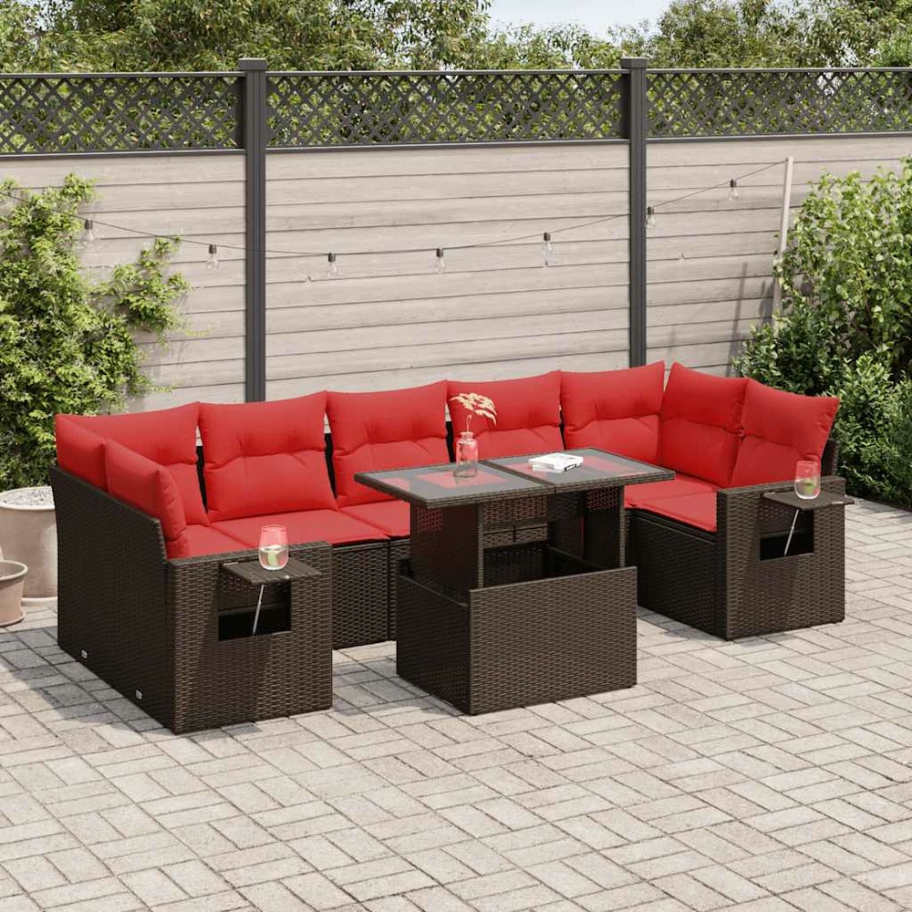 Salon de jardin avec coussins 8 pcs marron résine tressée acacia