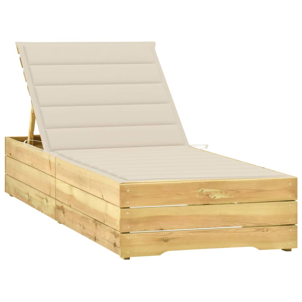 Chaise longue avec coussin crème bois de pin imprégné bain de soleil