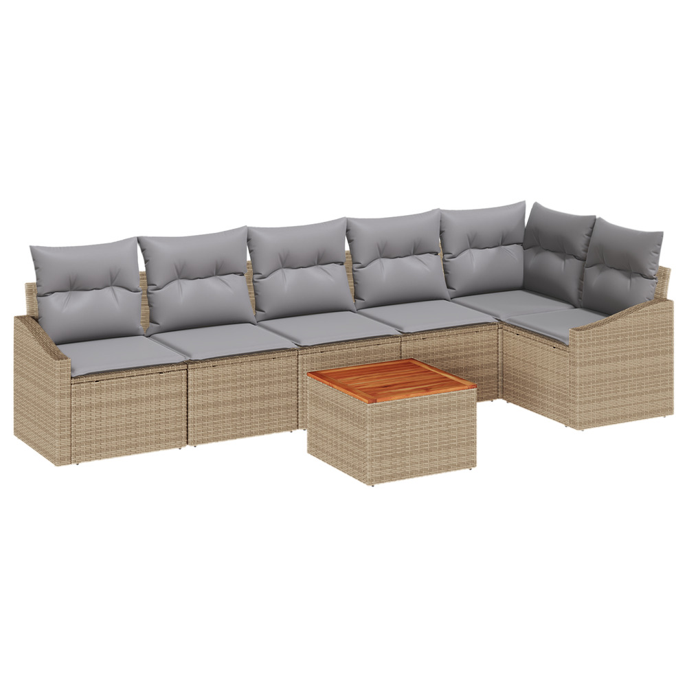 Ensemble de canapé de jardin 7 pièces avec coussins beige poly rattan acacia