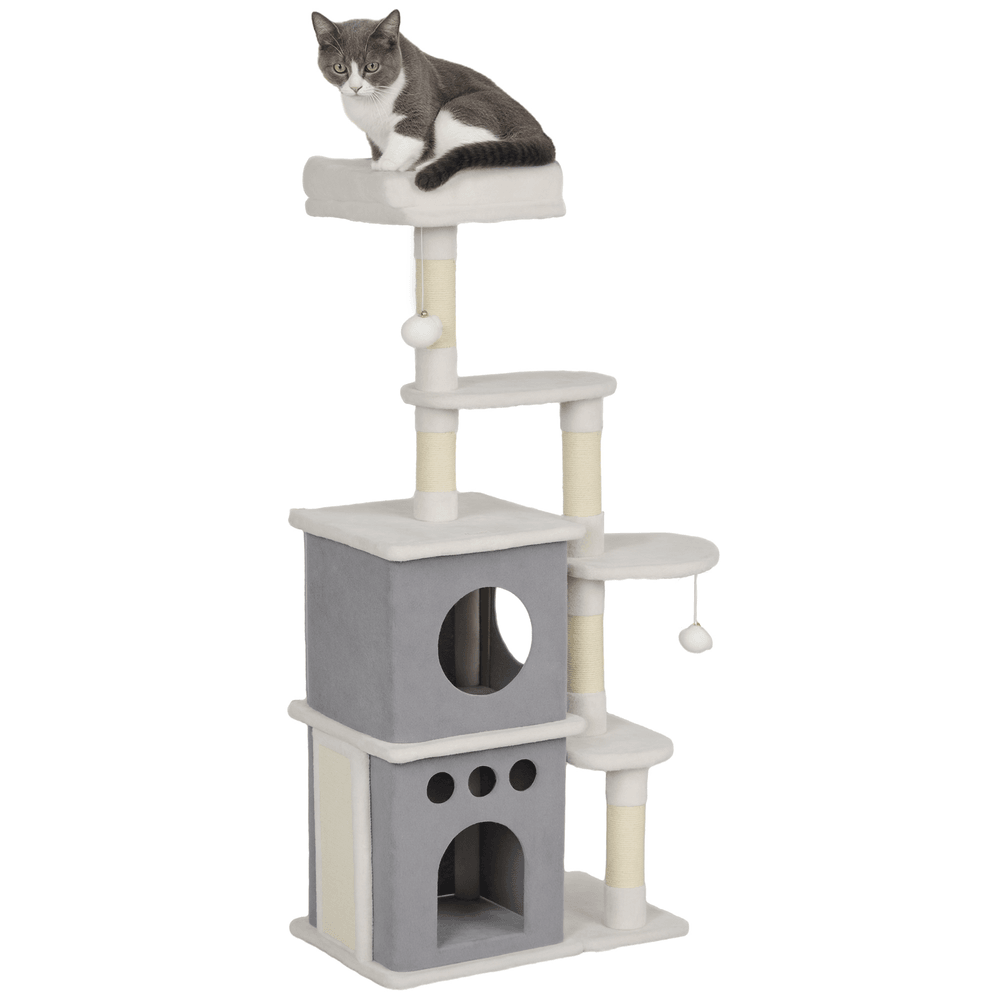 Arbre à chats 126 cm multi-niveaux avec niches panier et poteaux en sisal couleur crème