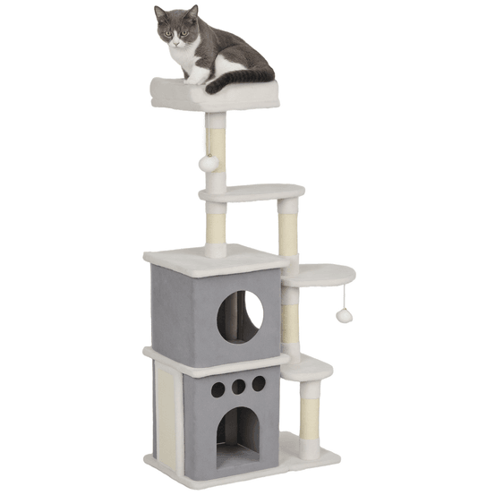 Arbre à chats 126 cm multi-niveaux avec niches panier et poteaux en sisal couleur crème