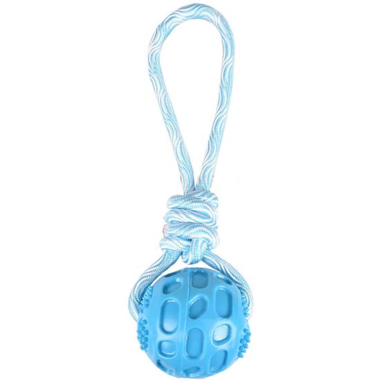 Jouet balle + corde à tirer rudo. Couleur bleu. 26 cm. tpr. Pour chien.