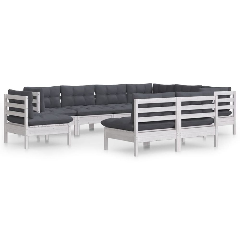 Salon de jardin 9 pcs avec coussins blanc bois de pin massif