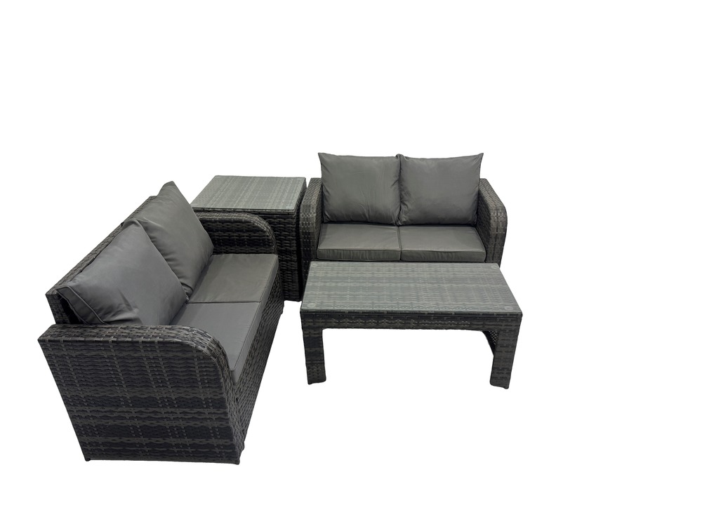 Dossier haut salon de jardin avec canapé d'amour table basse rectangulaire gris foncé mixte