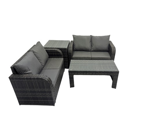 Dossier haut salon de jardin avec canapé d'amour table basse rectangulaire gris foncé mixte