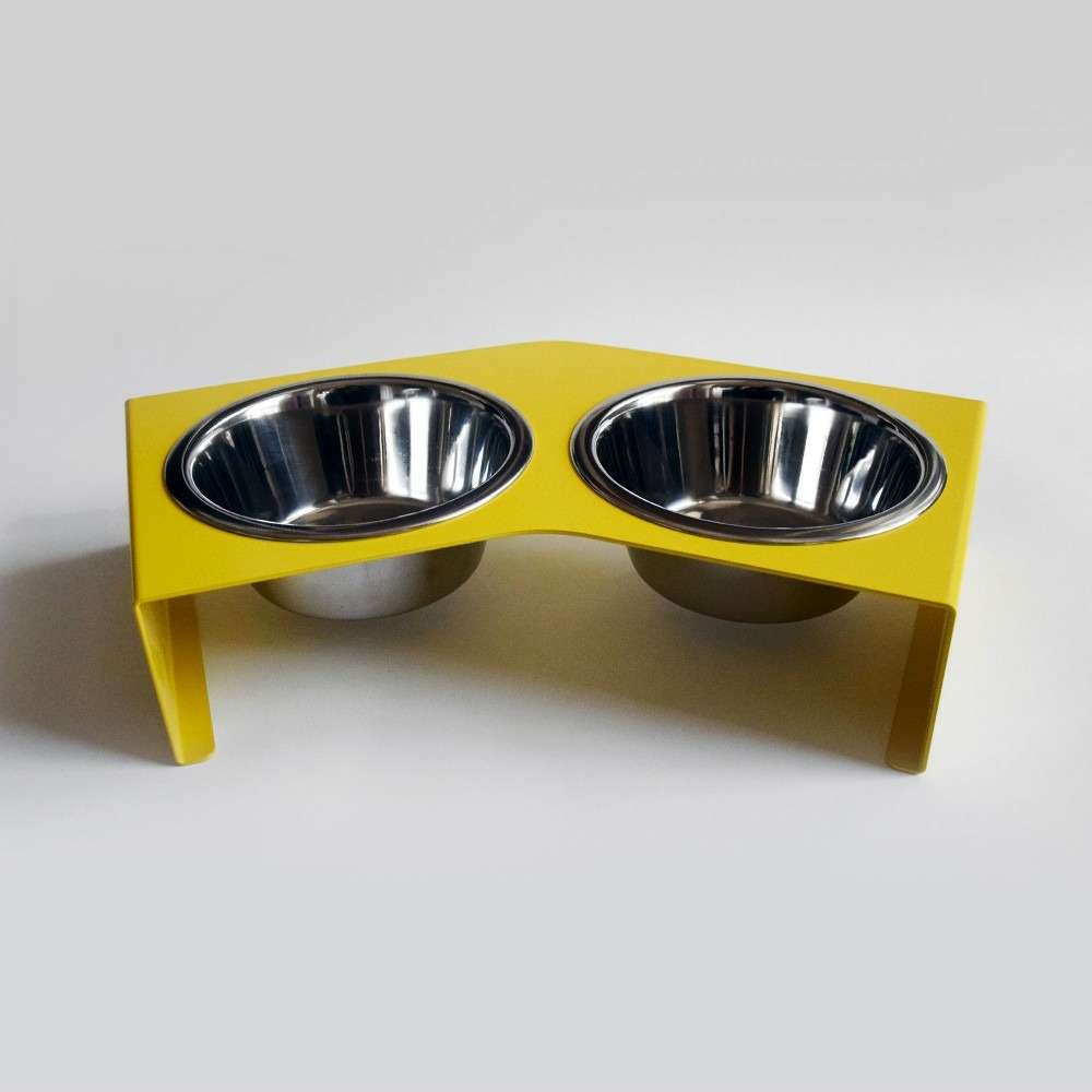 Liqui - set de 2 gamelles chien surélevées en acier, socle design métal jaune