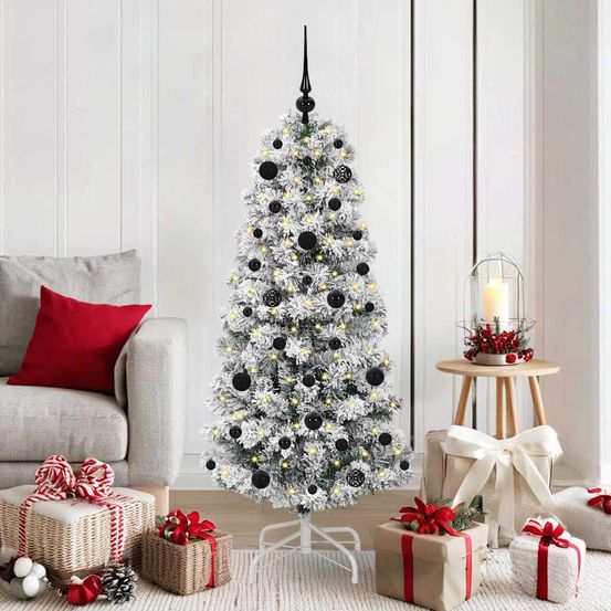 Sapin de noël artificiel bicolore 150 cm, kit déco avec 61 boules et guirlande led pour salon