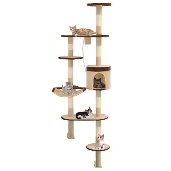 Arbre à chat mural 194 cm griffoir sisal et niche bicolore beige marron