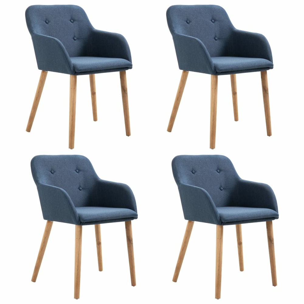 4 pcs chaises de salle à manger bleu tissu et chêne massif
