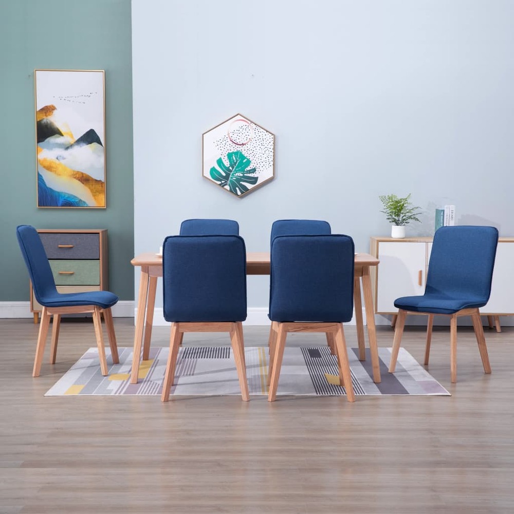 6 pcs chaises de salle à manger bleu tissu et chêne massif