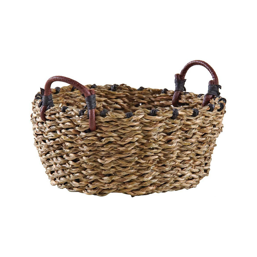 Corbeille ronde en jonc avec anses en cuir 19 cm