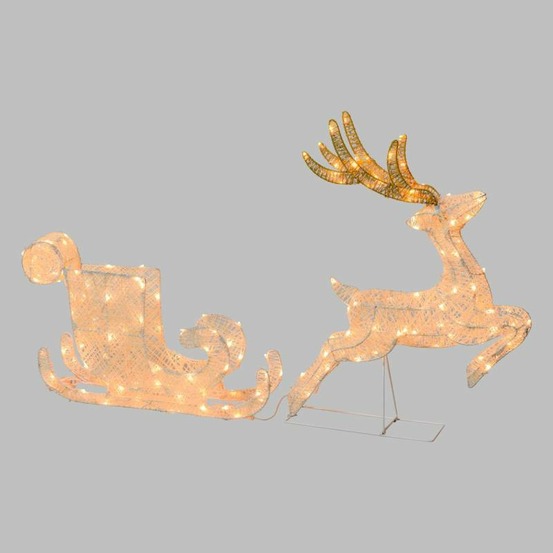 Renne de noël avec traîneau 3d 60 cm 160 led blanc chaud cadre en métal peint blanc