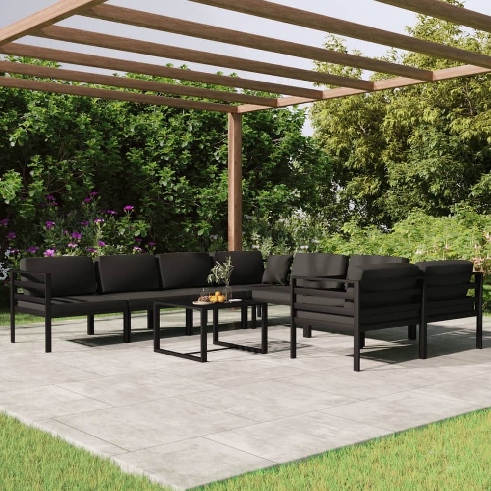 Salon de jardin 9 pcs avec coussins aluminium anthracite