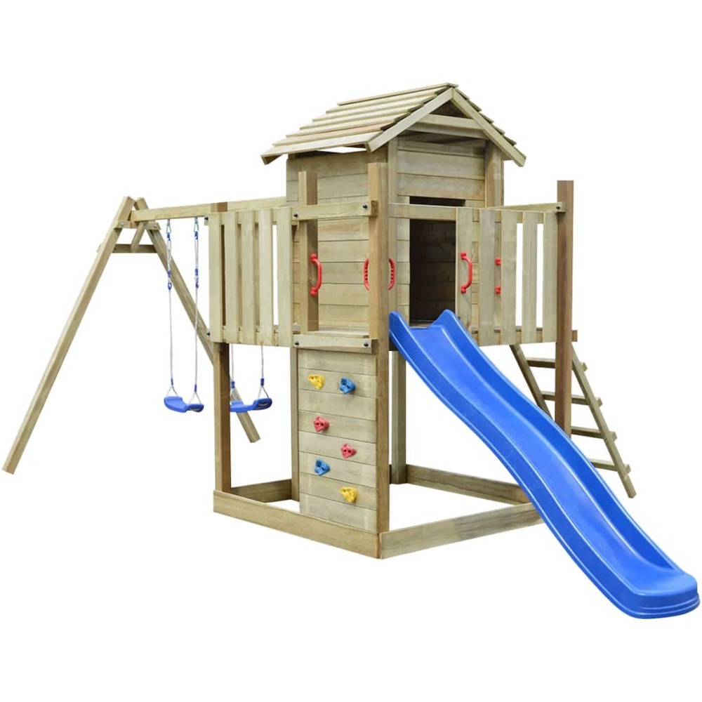 Aire de jeux en bois avec échelle, toboggan, balançoires 557x280x271cm