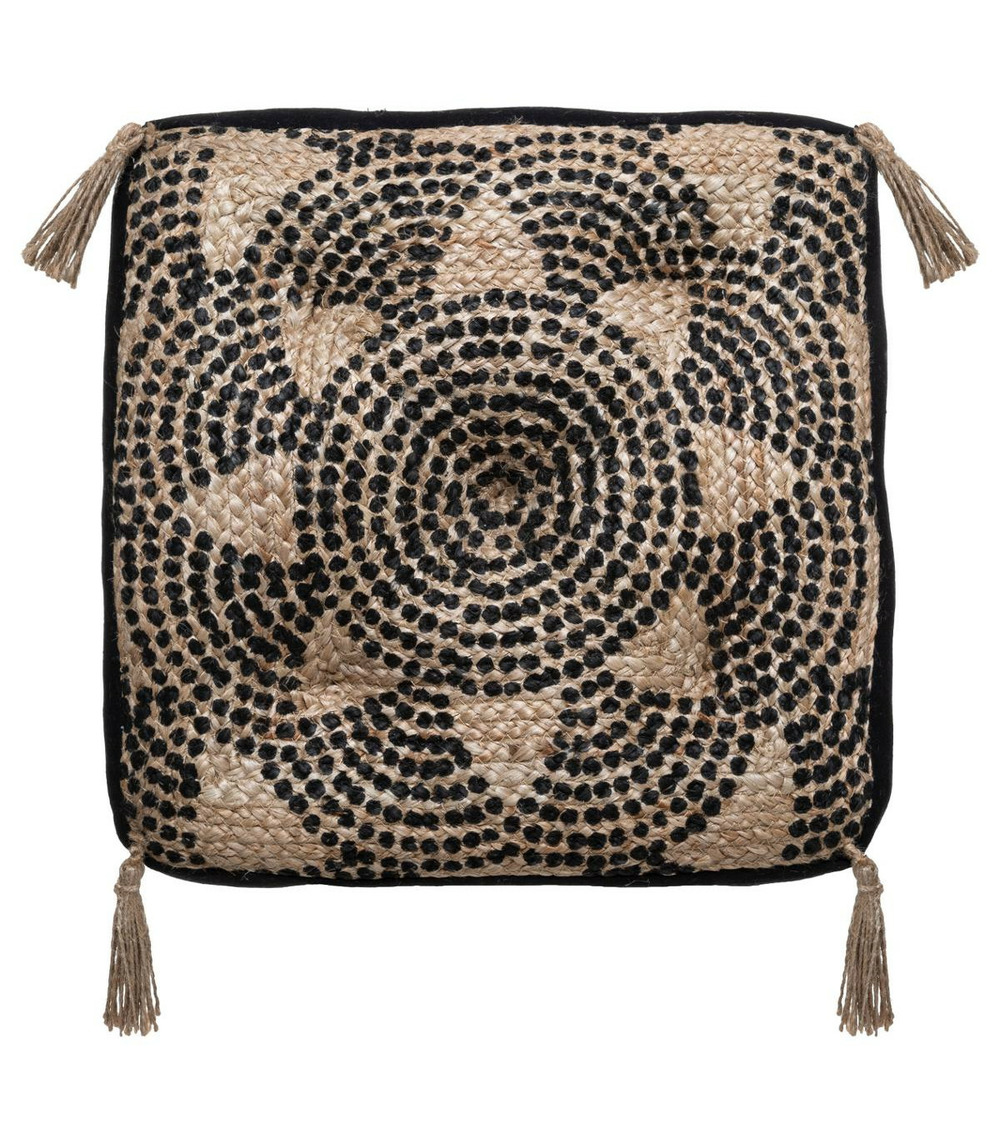 Coussin de sol en jute et coton mandala avec pompons 38 x 38 cm