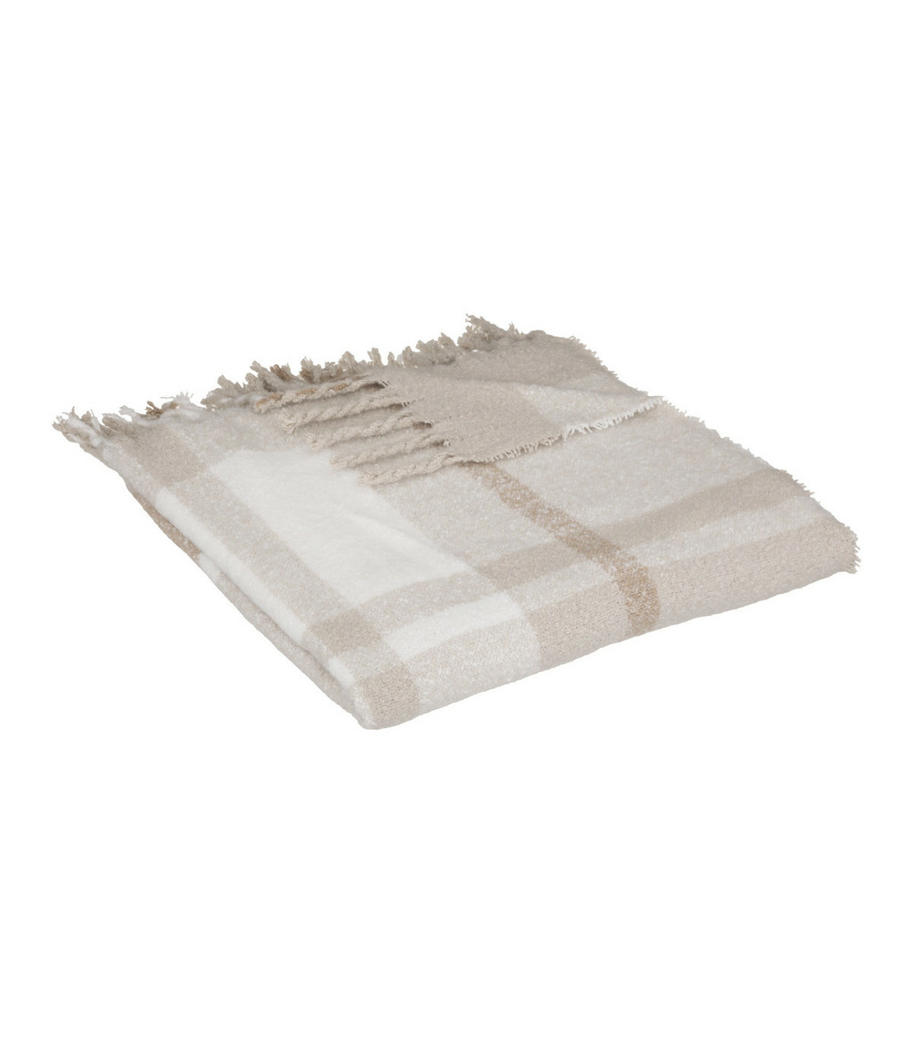 Plaid tissu façon tartan beige lin aspect lainage 130 x 180 cm