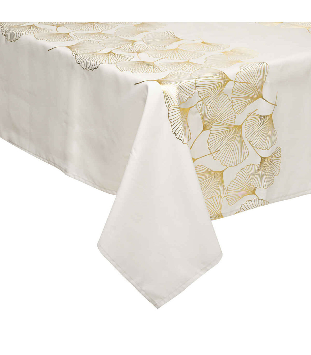 Nappe blanc cassé motif ginko or 140 x 360 cm