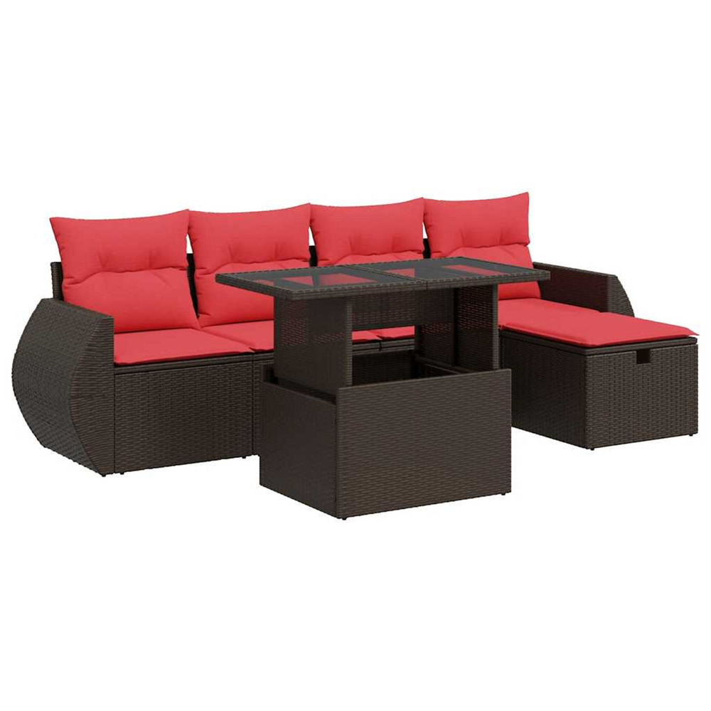 Salon de jardin 6 pcs avec coussins marron résine tressée acacia