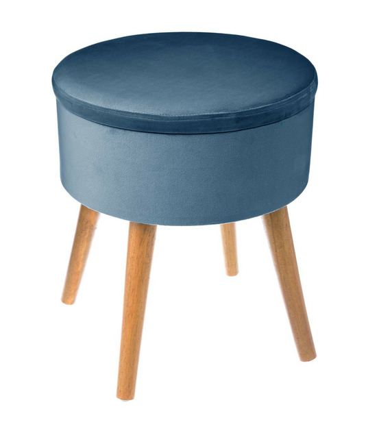 Tabouret avec coffre en velours bleu et pieds en bois naturel h 43 cm