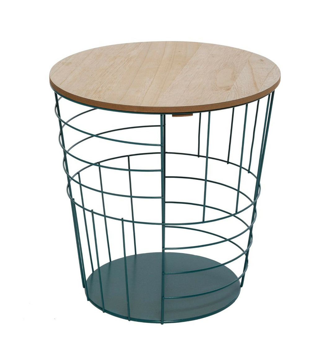 Table à café en métal bleu et plateau en bois h 38 cm