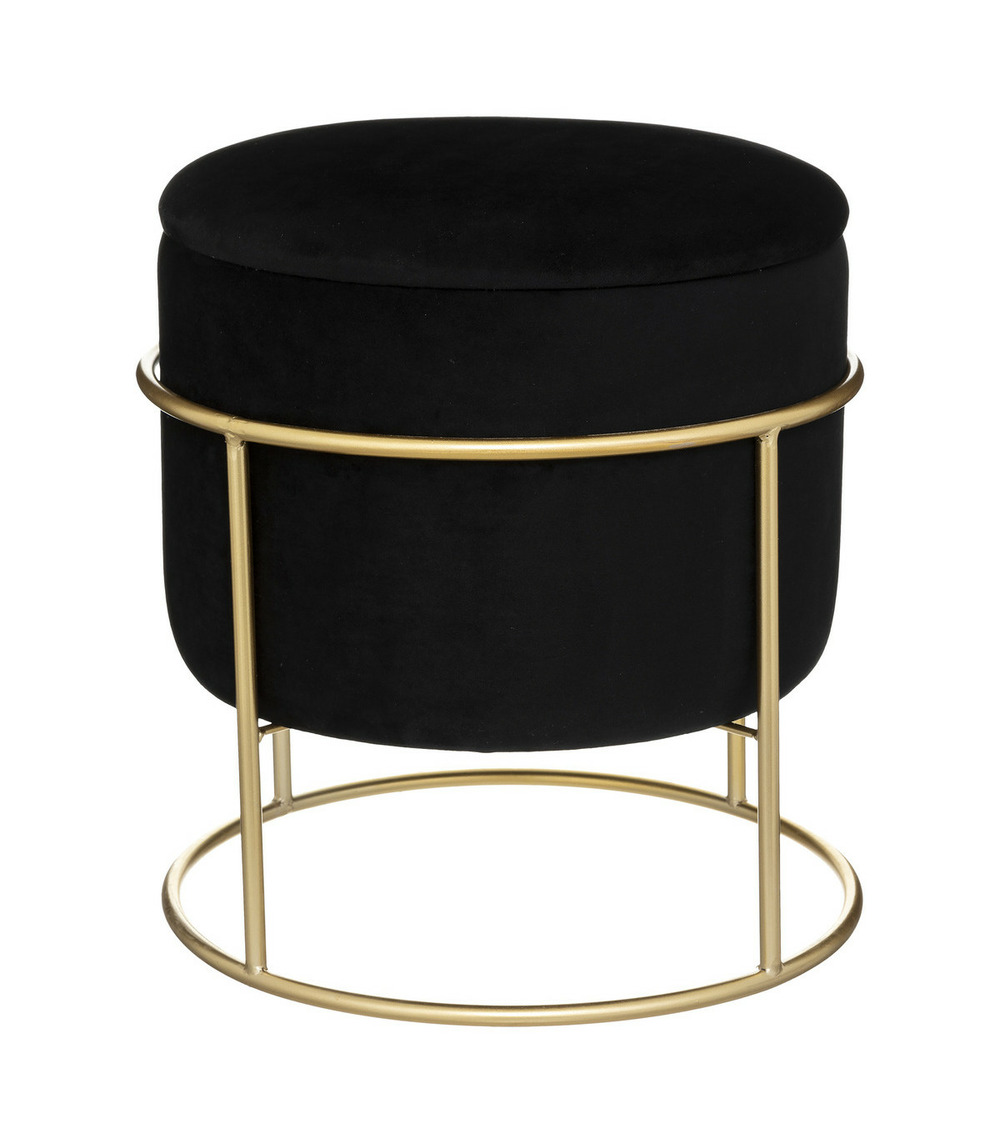 Pouf et coffre de rangement en velours noir et support en métal d 42 x h 44 cm