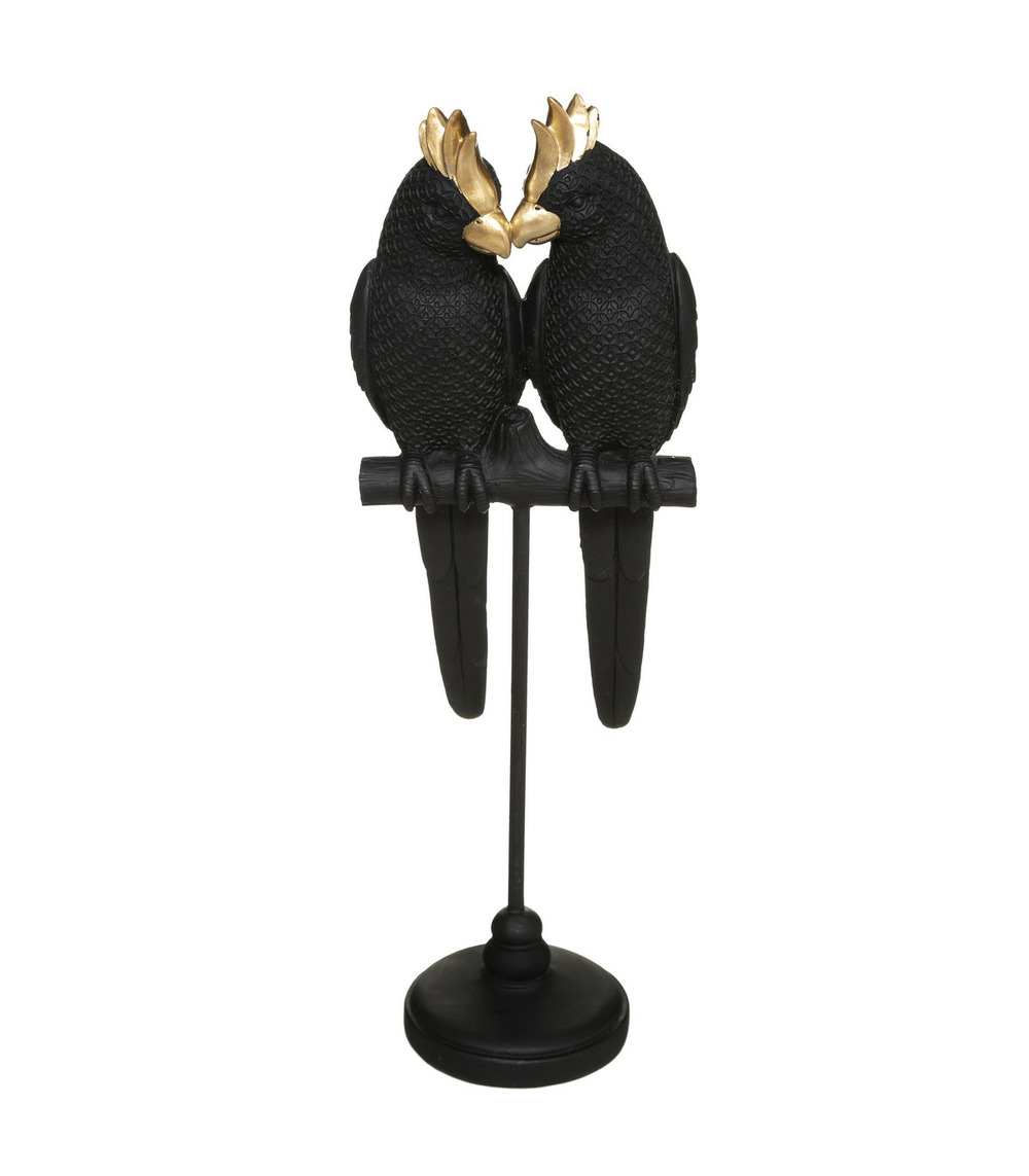 Objet décoratif couple d'oiseaux sur perchoir en résine h 35 cm