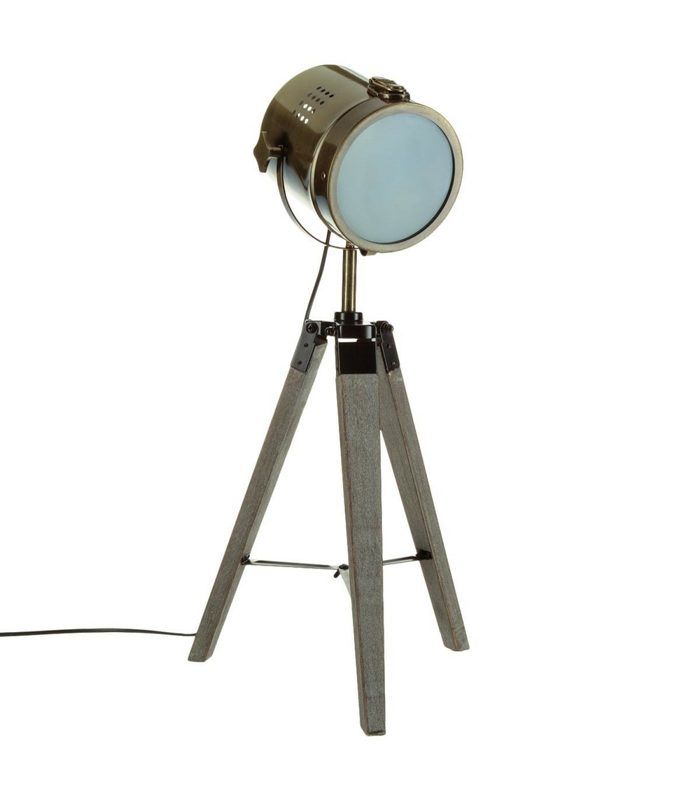 Lampe projecteur en métal bronze et pied en bois h 68 cm