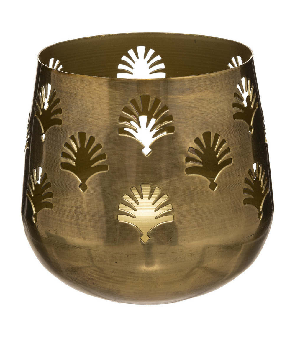 Bougeoir photophore en métal ajouré doré d 14 cm