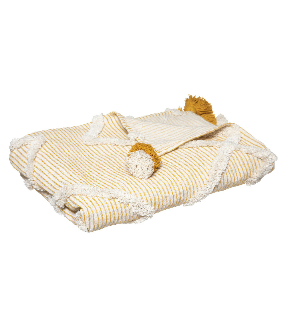 Jeté de lit en coton ocre tufté avec pompons 130 x 180 cm