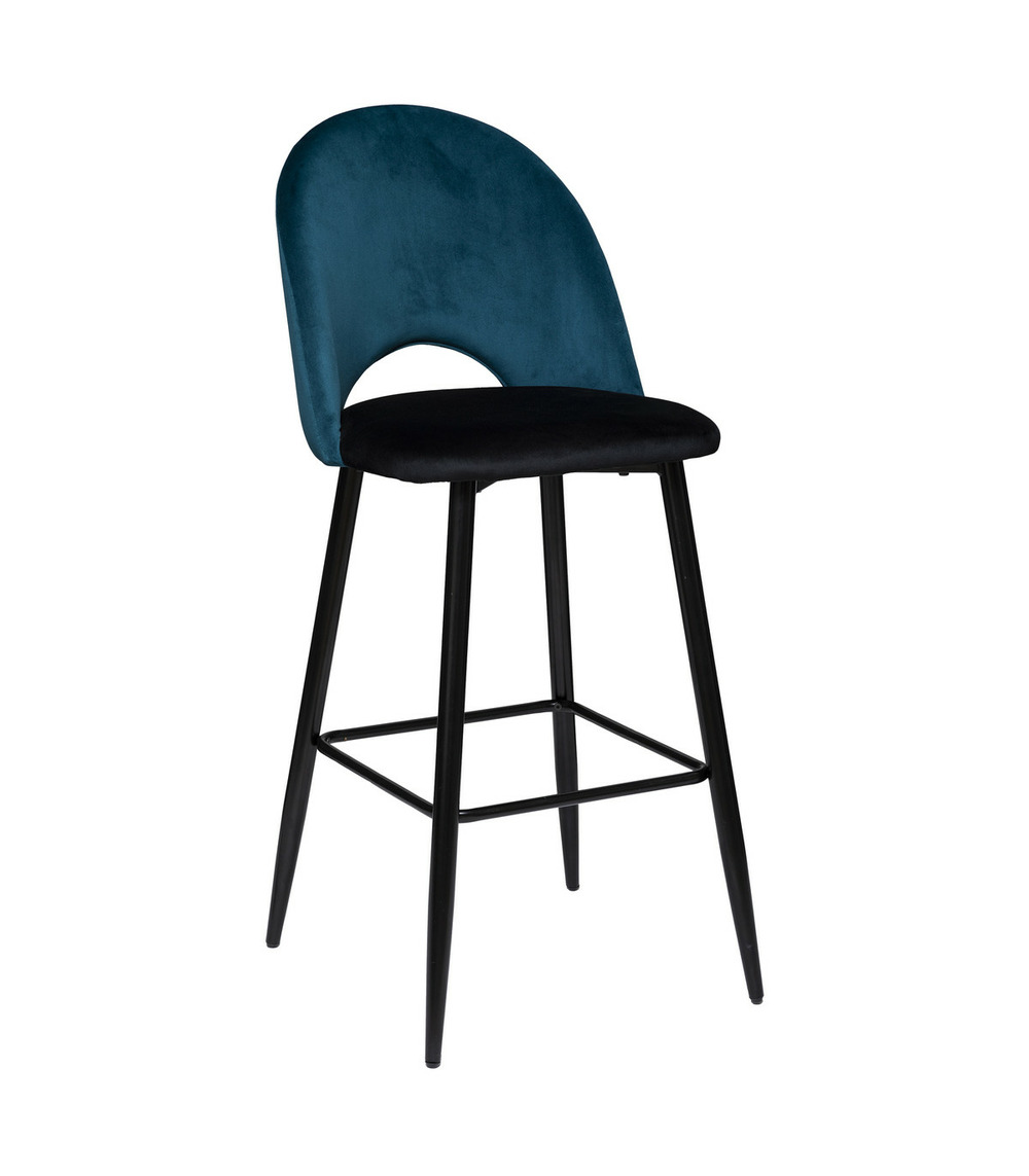 Tabouret chaise de bar bicolore en velours bleu canard et noir h 110 cm