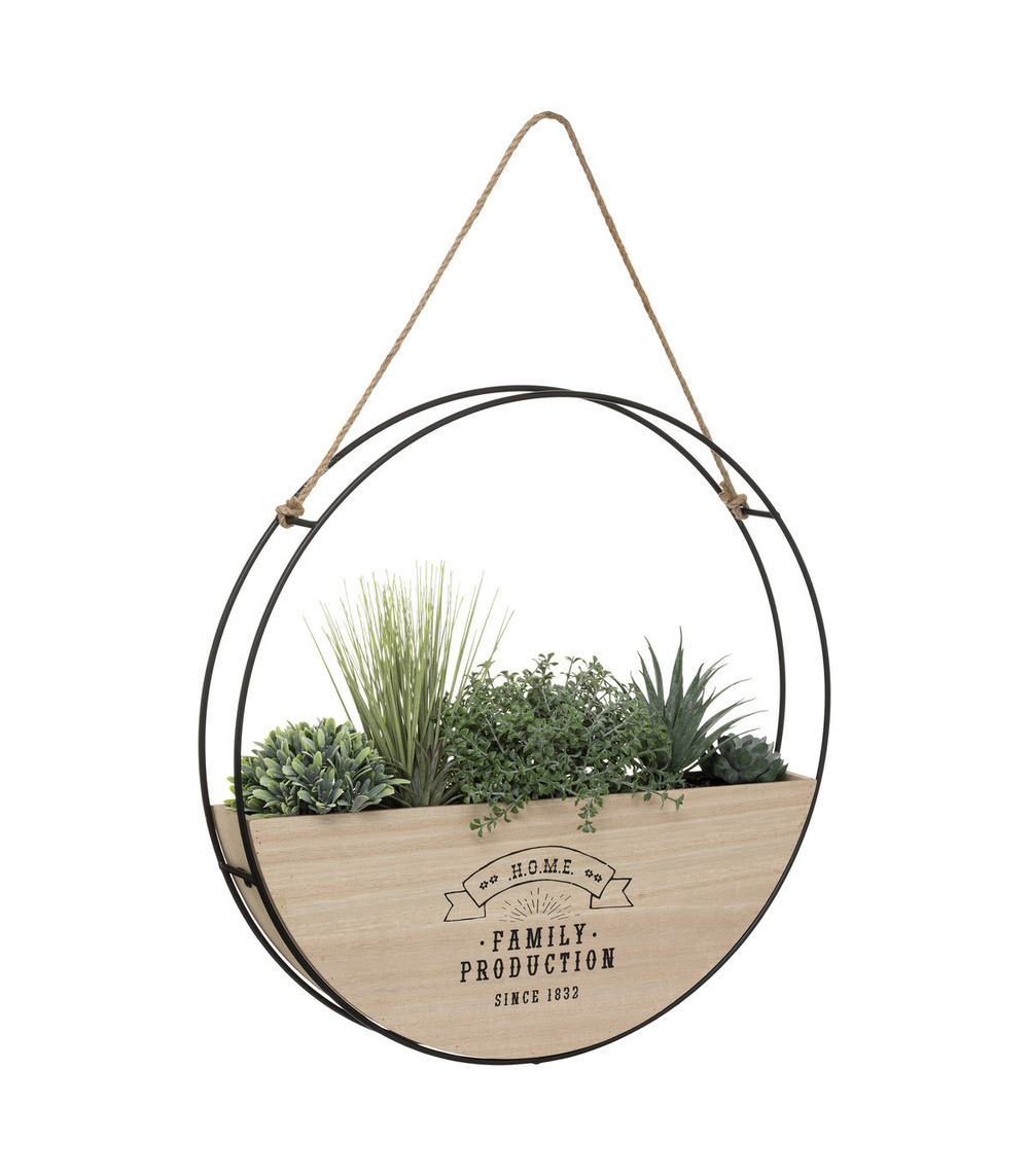 Plantes vertes artificielles dans suspension en bois et métal