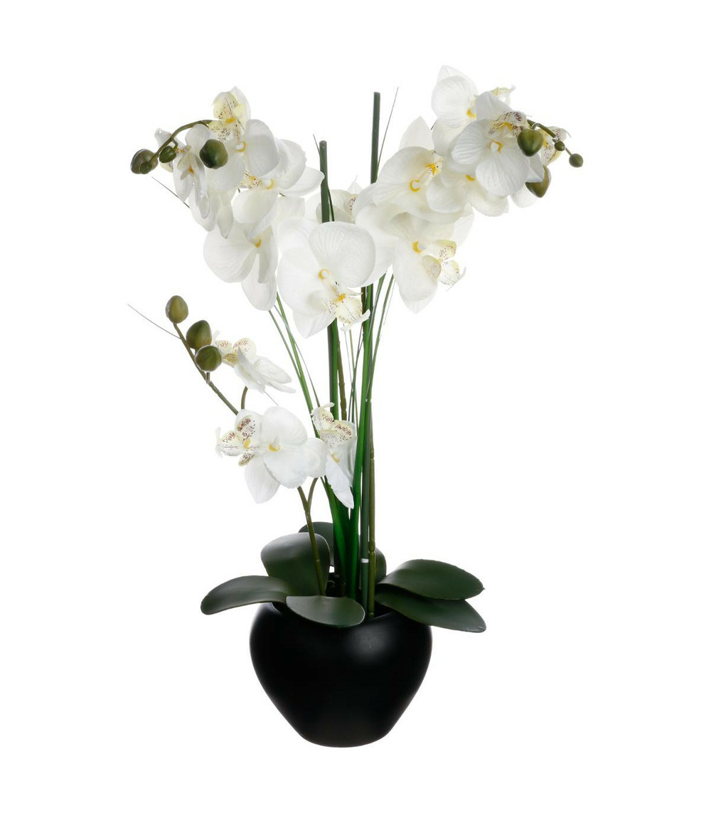 Plante artificielle orchidée dans un pot en céramique noire h 53 cm