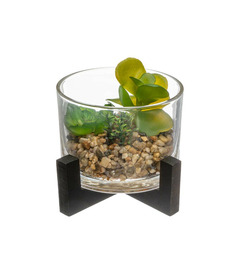 Plante artificielle pot en verre sur support en bois h 12 cm