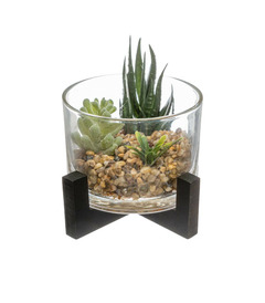 Plante artificielle pot en verre sur support en bois h 12 cm