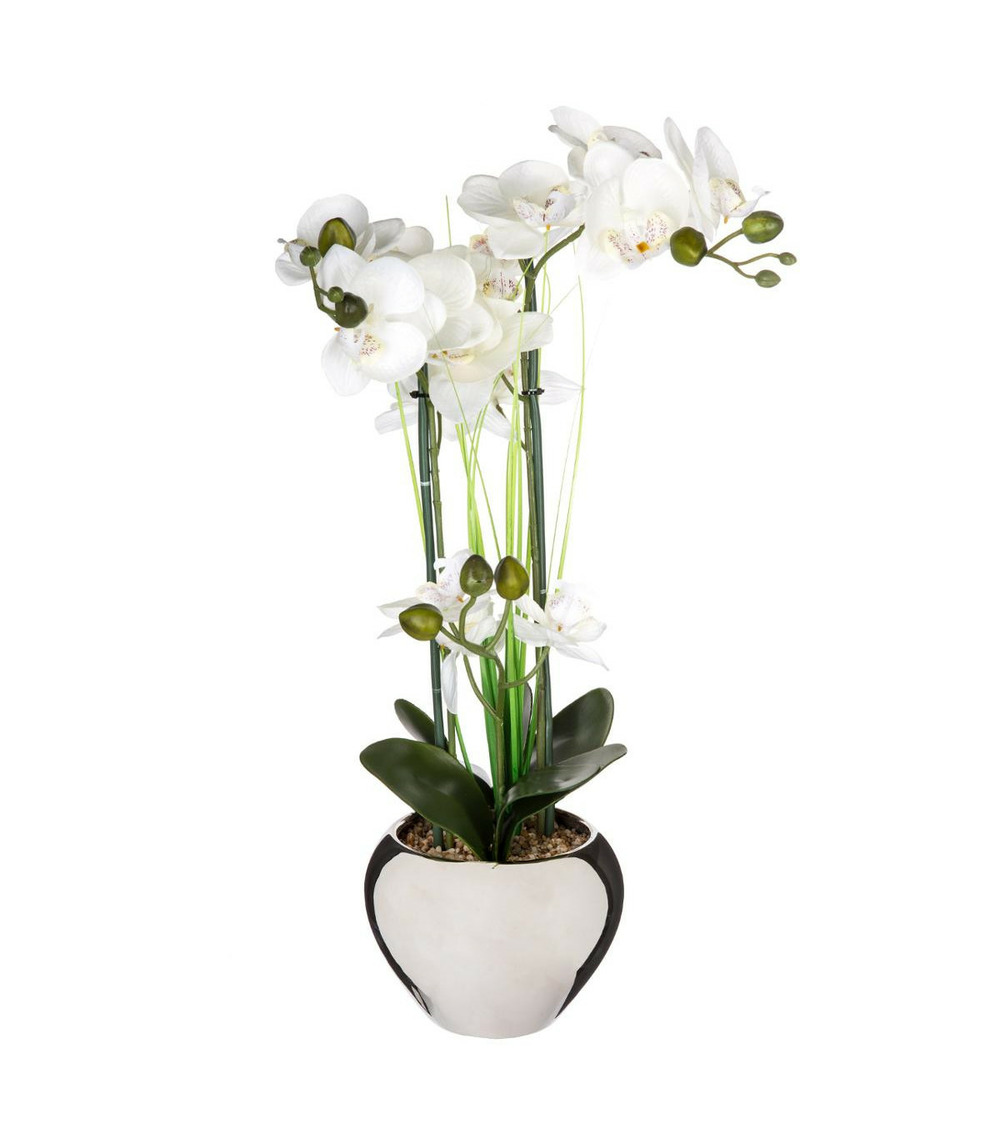 Plante artificielle orchidée dans un pot en céramique argent h 53 cm