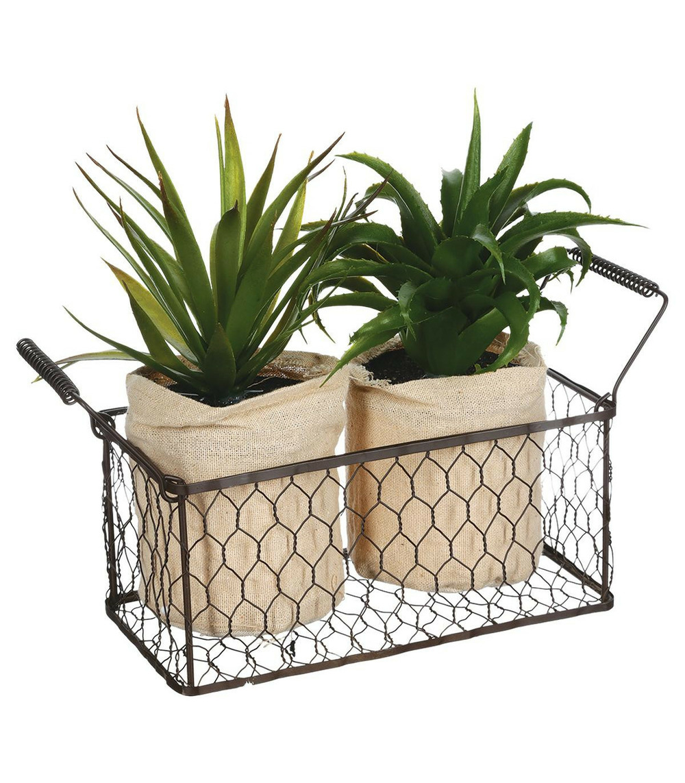 Set 2 plantes artificielles aloe vera dans un panier en métal h 21 cm