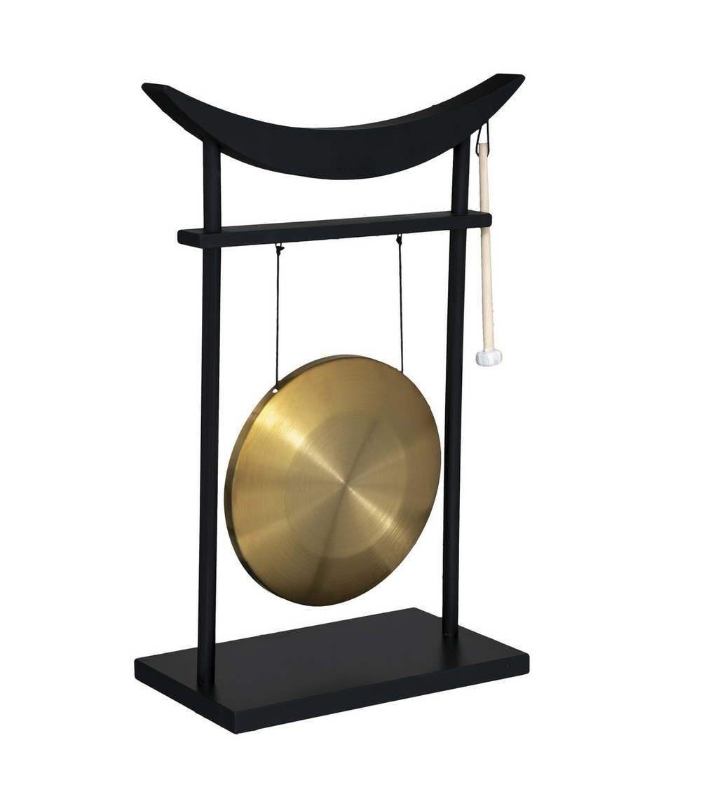 Grand gong toa en métal doré et bois h 69.5 cm