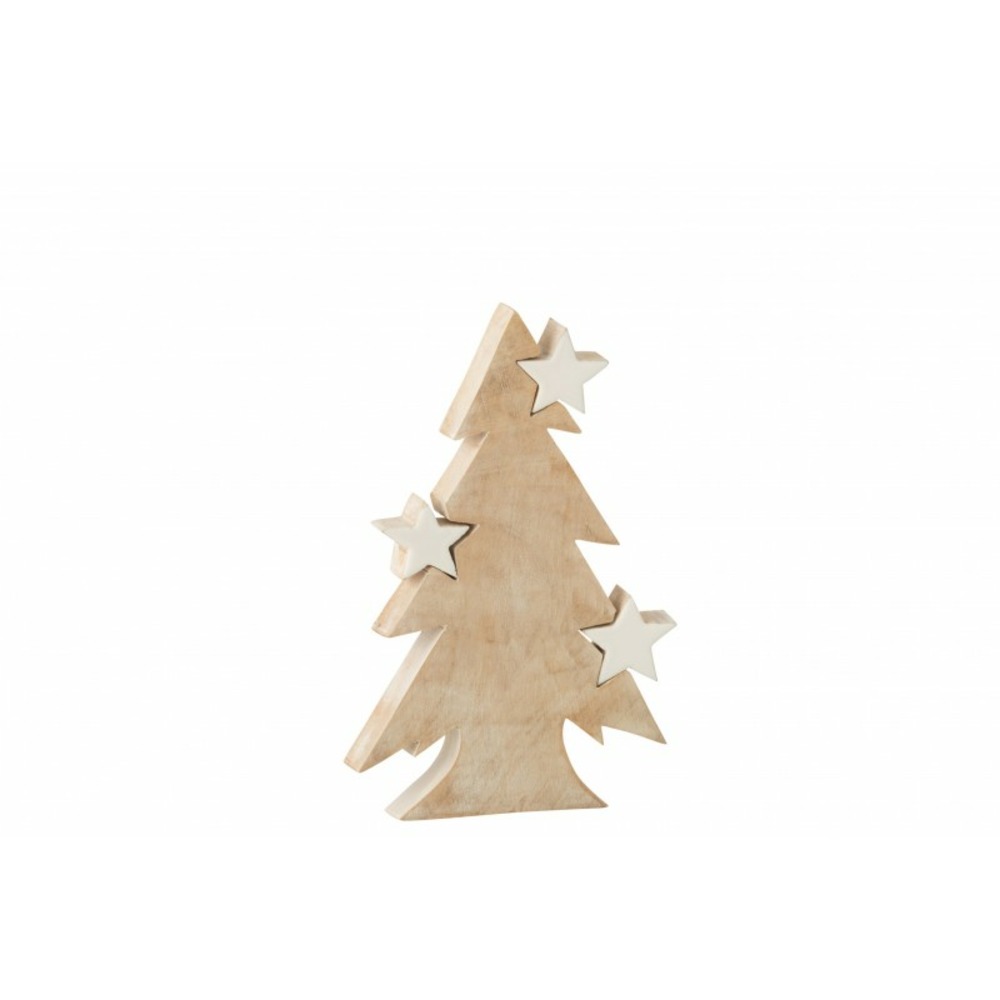 Sapin de noël en bois de manguier naturel et étoiles blanches