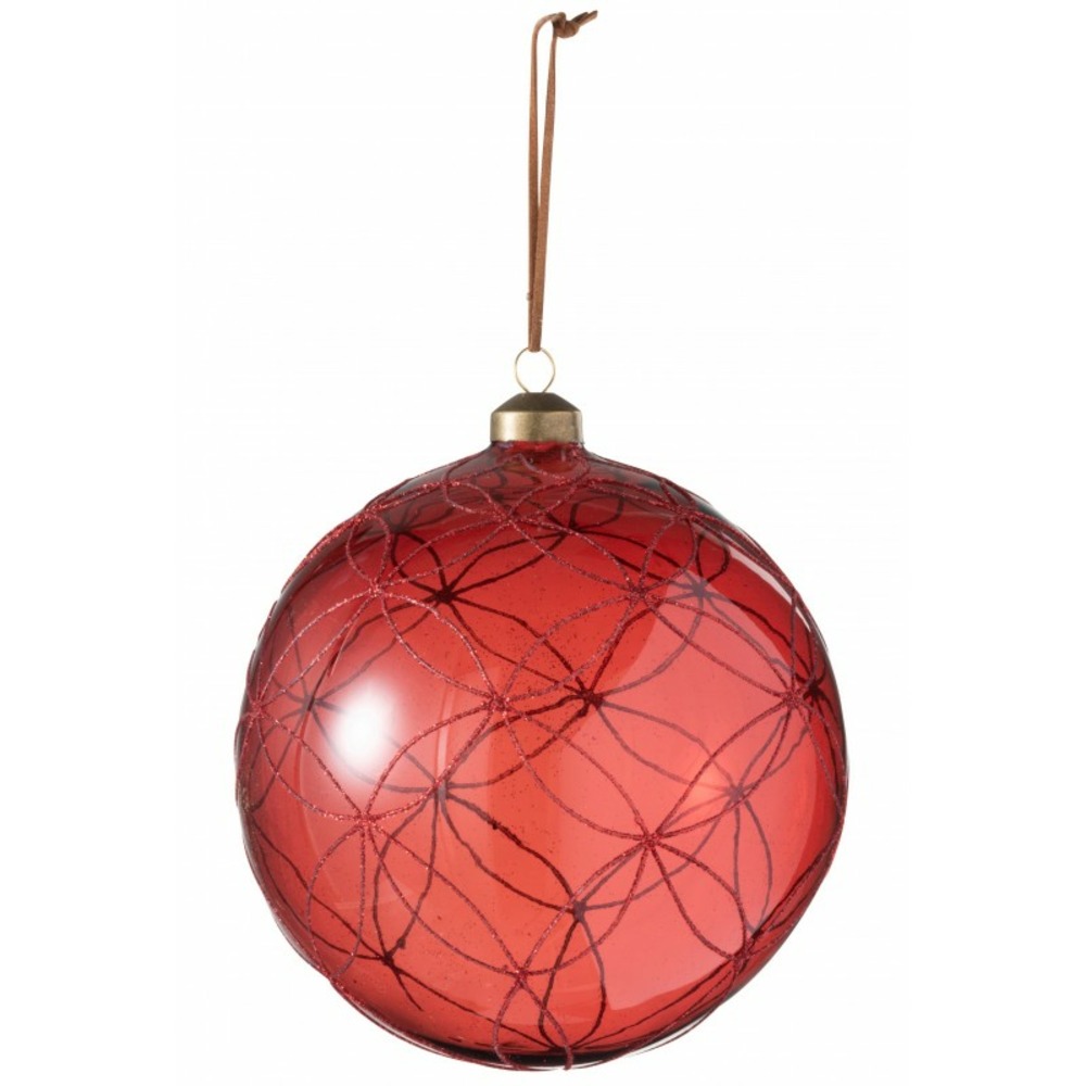 Boule de noël avec ligne pailletées en verre rouge d15cm
