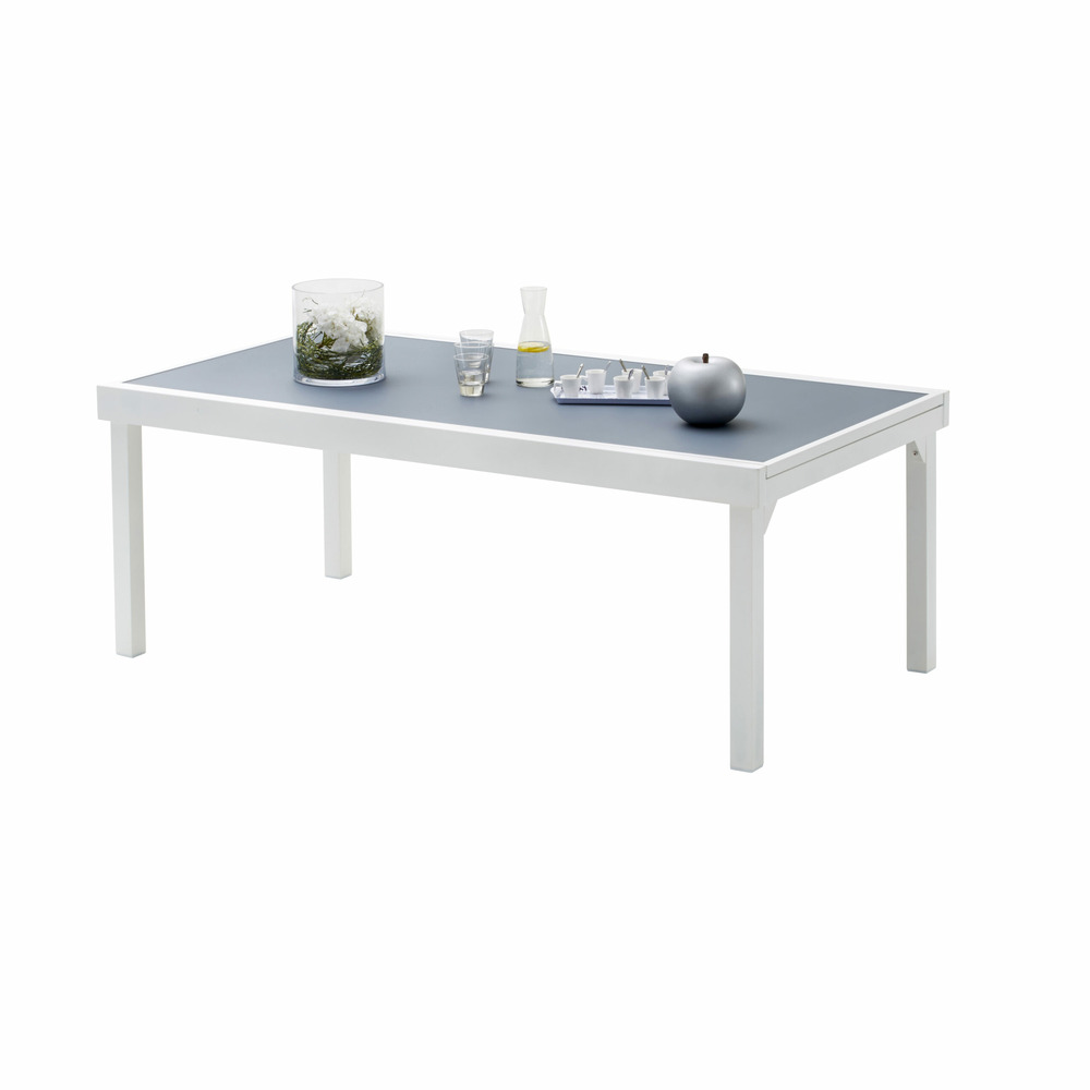 Table modulo 8/12 personnes structure en aluminium blanche, plateau en verre coloris gris perle